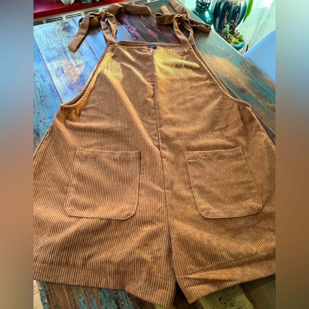 SHEIN Corduroy Tie-Strap Romper in Camel Brown